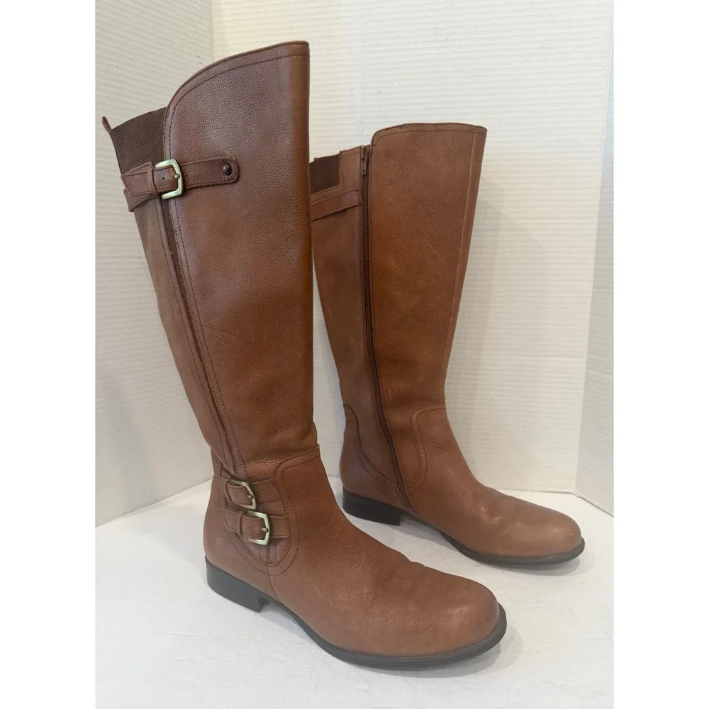 Naturalizer Cognac Brown Leather Buckle Tall Knee High Wide Calf Riding Boots 10